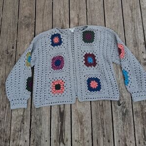 Sundance XL Crochet Granny Square Cardigan Chunky Knit Cotton Merino Wool Blend